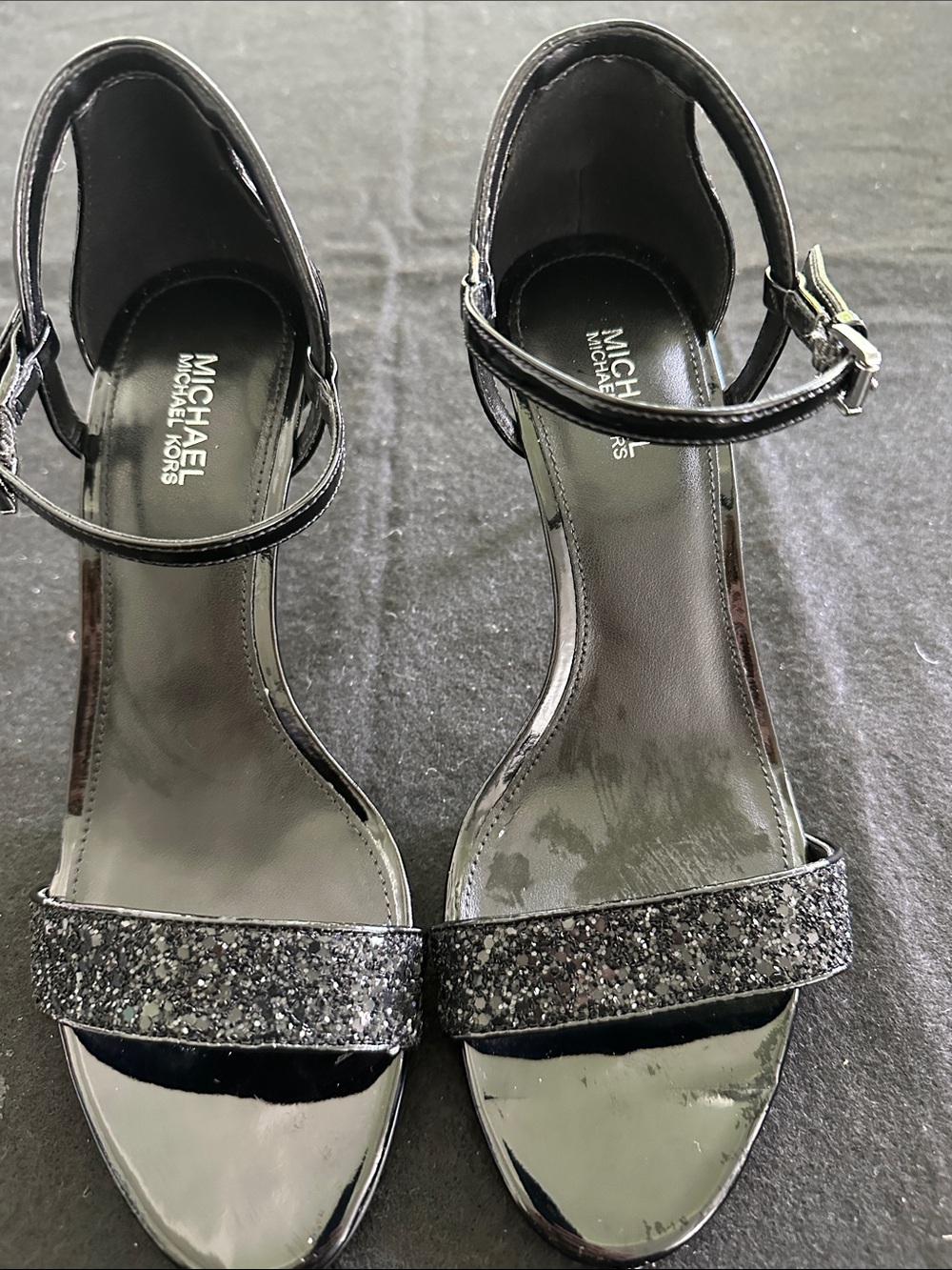 Michael Kors Black Patent Ankle-Strap Heeled Sandals with Glitter Toe Strap